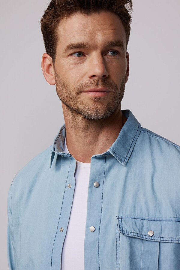 Tudors Slim Fit Uzun Kol Çıt Çıtlı Tek Cep Kapaklı Denim Mavi Erkek Gömlek