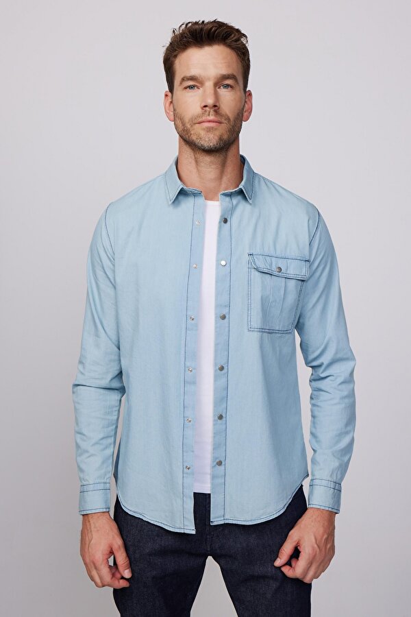 Tudors Slim Fit Uzun Kol Çıt Çıtlı Tek Cep Kapaklı Denim Mavi Erkek Gömlek