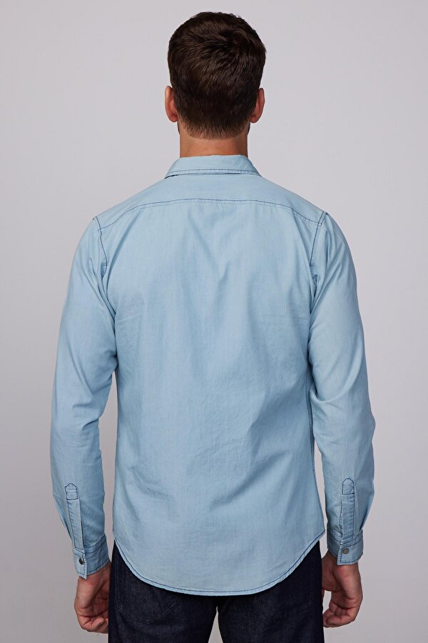 Tudors Slim Fit Uzun Kol Çıt Çıtlı Tek Cep Kapaklı Denim Mavi Erkek Gömlek