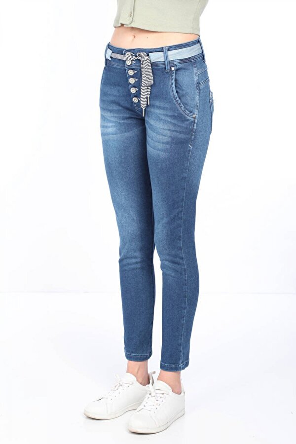 Blue White Kadın Belden Bağlamalı Jean Pantolon Mavi