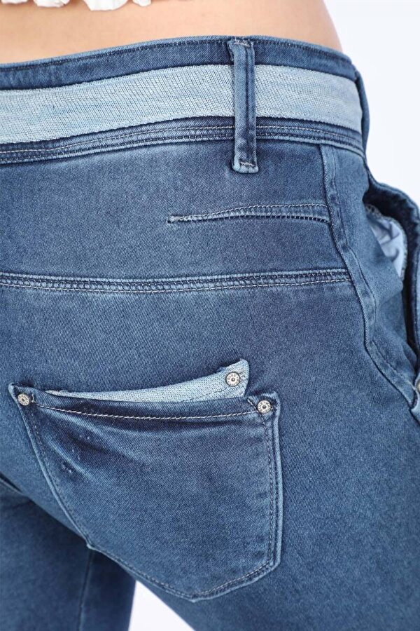 Blue White Kadın Belden Bağlamalı Jean Pantolon Mavi