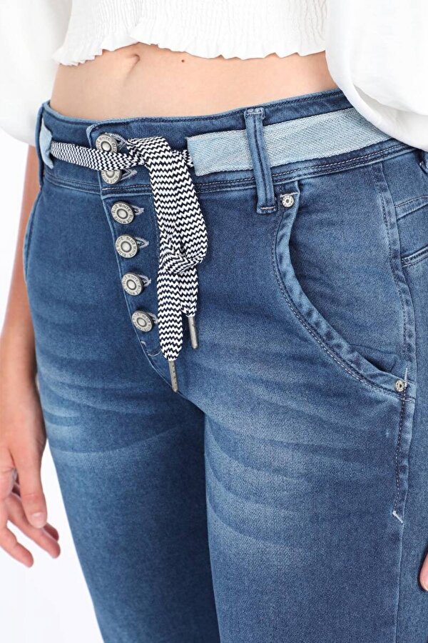 Blue White Kadın Belden Bağlamalı Jean Pantolon Mavi