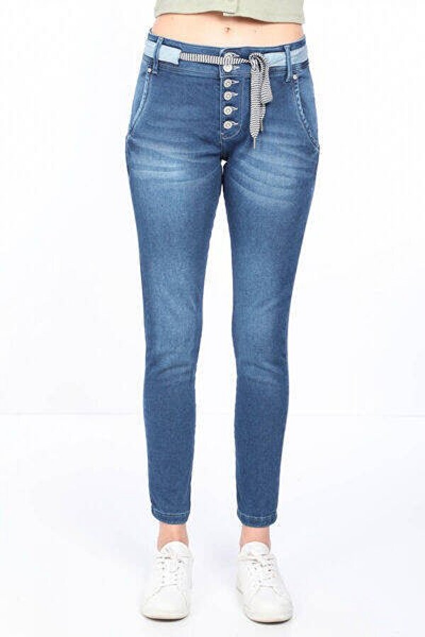 Blue White Kadın Belden Bağlamalı Jean Pantolon Mavi