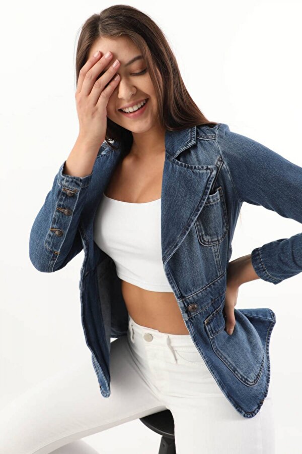 Banny Jeans Kadın Uzun Kollu Tek Düğmeli Jean Ceket Mavi