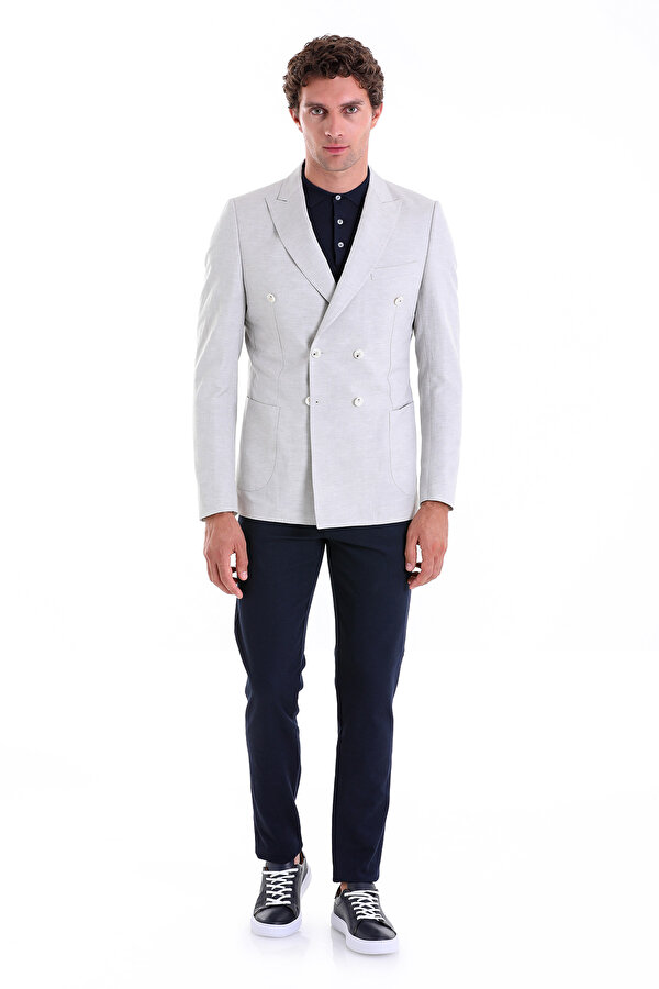 Hatemoğlu Gri Slim Fit Düz Sivri Yaka Kruvaze Casual Ceket