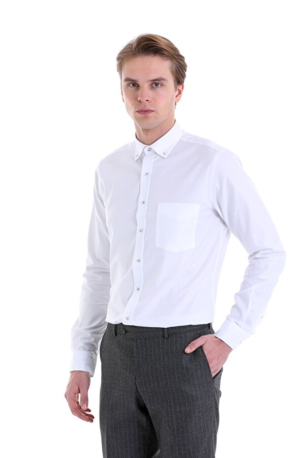 Hatemoğlu Beyaz Comfort Fit Düz 100% Pamuk Düğmeli Yaka Uzun Kollu Casual Gömlek