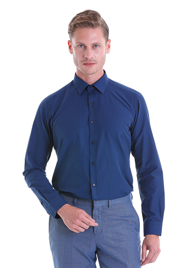 Hatemoğlu Lacivert Slim Fit Düz Pamuklu Slim Yaka Uzun Kollu Klasik Gömlek