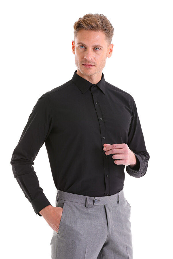 Hatemoğlu Siyah Slim Fit Düz Pamuklu Slim Yaka Uzun Kollu Klasik Gömlek