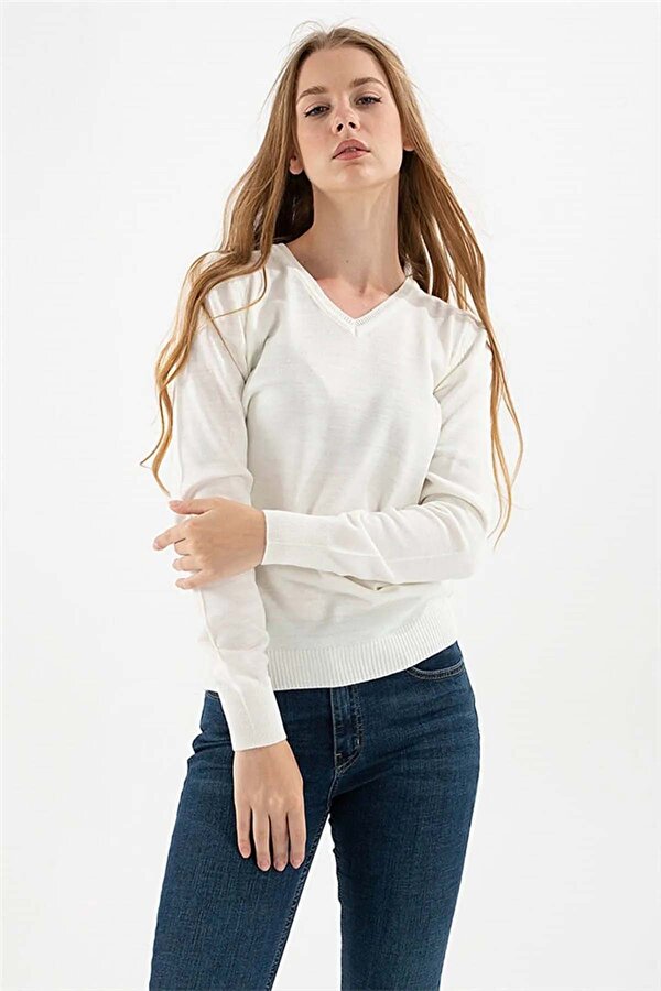Fashion Friends Kadın V Yaka Kazak 23K0244K1 Ekru