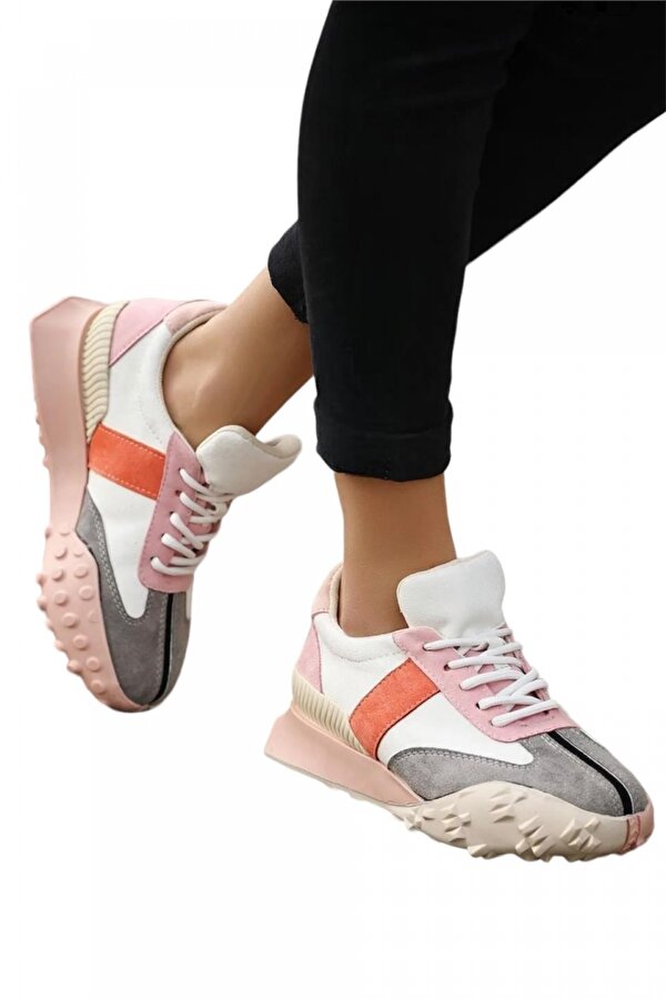 Liger Spark Bağcık Detaylı Özel Tasarım  Kaymaz Taban Kadın Spor Ayakkabı BEYAZ - PUDRA