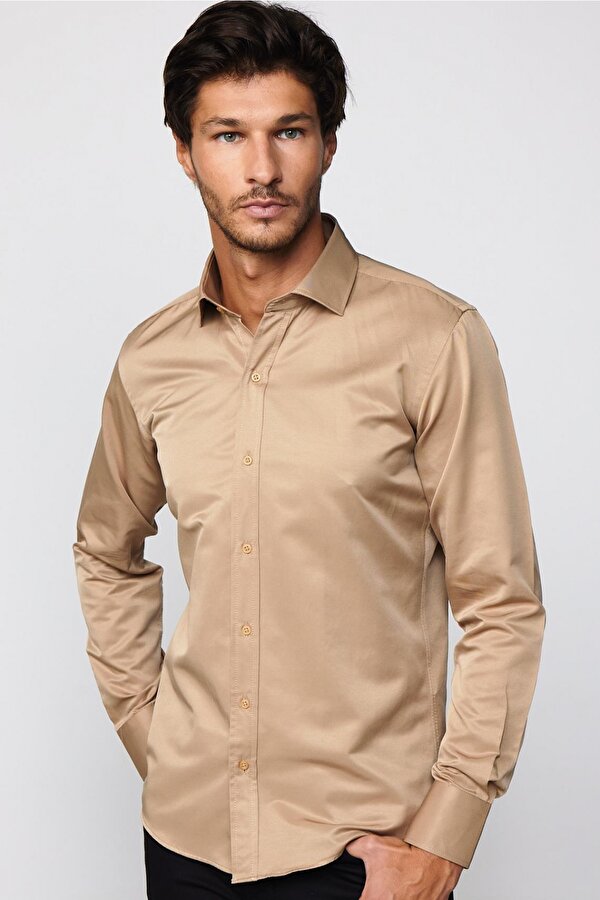 Tudors Modern Slim Fit Düz Saten Pamuklu Erkek Krem Gömlek