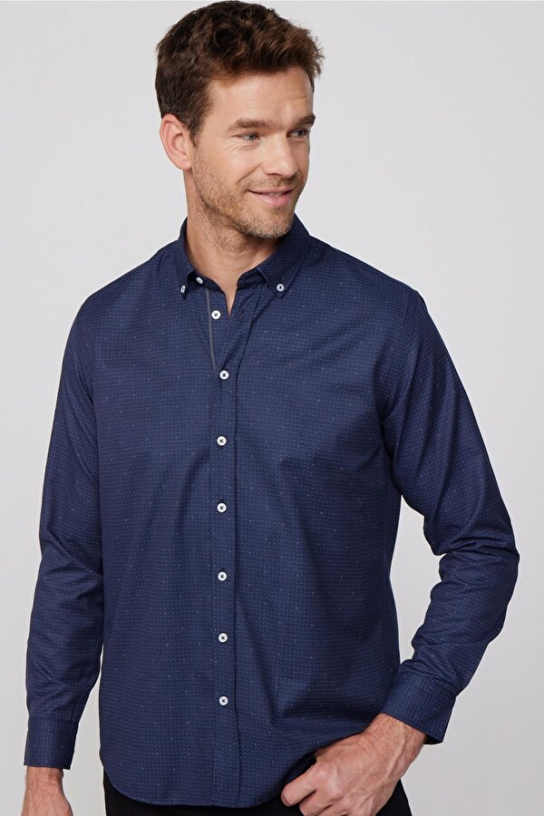 Tudors Klasik Fit Pamuklu Kolay Ütü Baskılı Lacivert Erkek Gömlek
