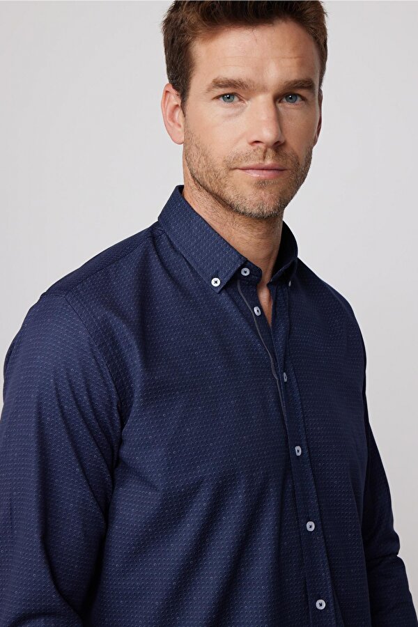 Tudors Klasik Fit Pamuklu Kolay Ütü Baskılı Lacivert Erkek Gömlek
