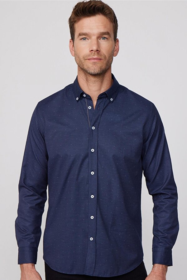Tudors Klasik Fit Pamuklu Kolay Ütü Baskılı Lacivert Erkek Gömlek
