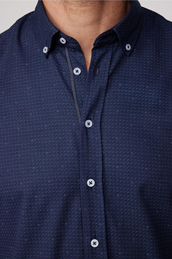 Tudors Klasik Fit Pamuklu Kolay Ütü Baskılı Lacivert Erkek Gömlek