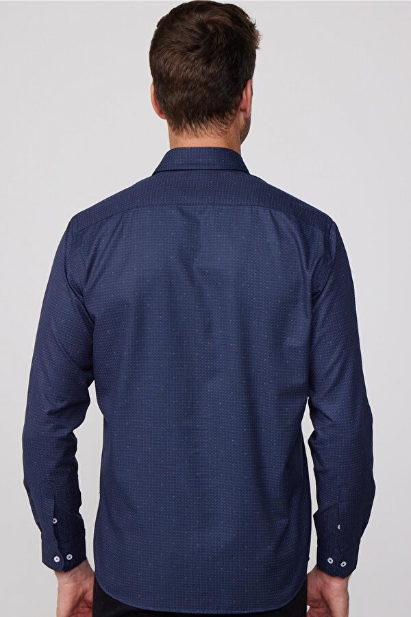 Tudors Klasik Fit Pamuklu Kolay Ütü Baskılı Lacivert Erkek Gömlek