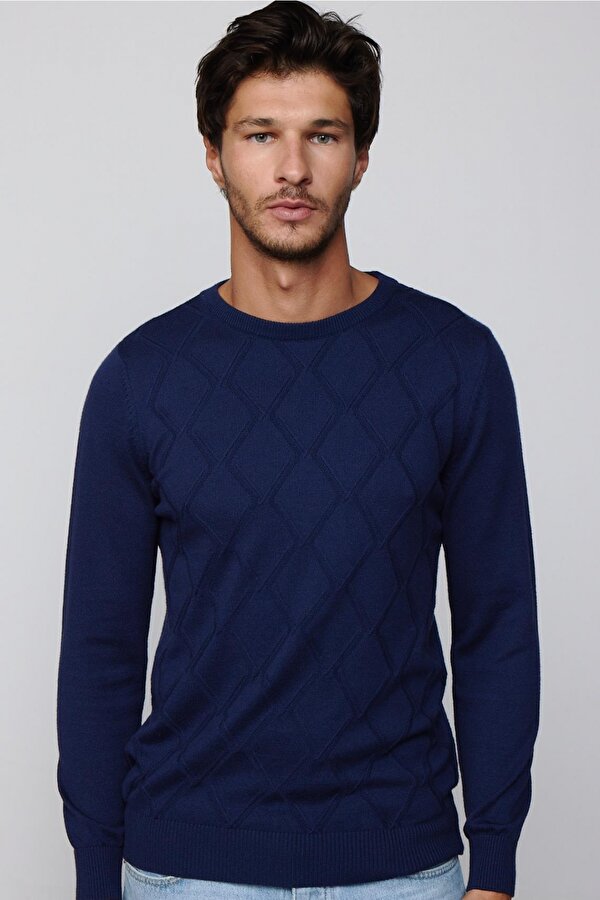 Tudors Slim Fit Bisiklet Yaka Desenli Lacivert Erkek Triko Kazak