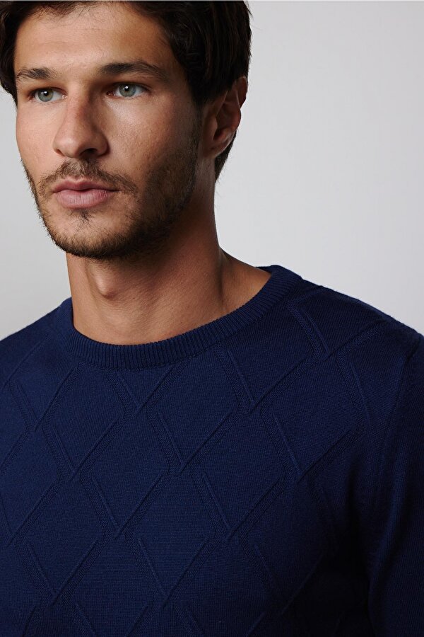 Tudors Slim Fit Bisiklet Yaka Desenli Lacivert Erkek Triko Kazak