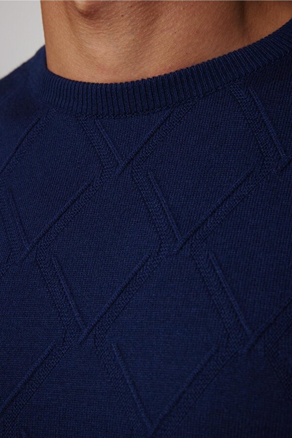 Tudors Slim Fit Bisiklet Yaka Desenli Lacivert Erkek Triko Kazak