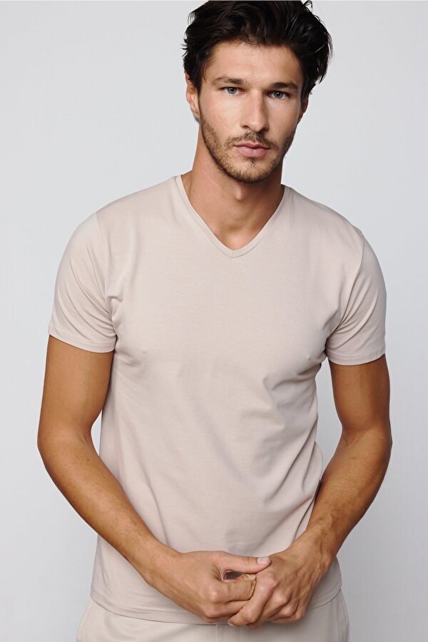 Tudors Slim Fit V Yaka Düz Basıc Kısa Kol Taş Rengi T-Shirt
