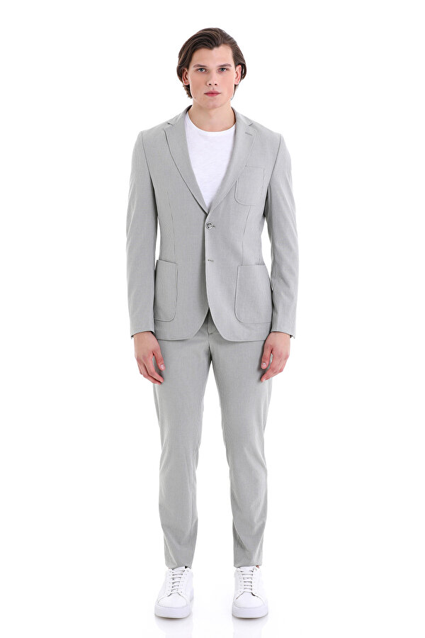 Hatemoğlu Gri Slim Fit Çizgili Mono Yaka Klasik Takım Elbise