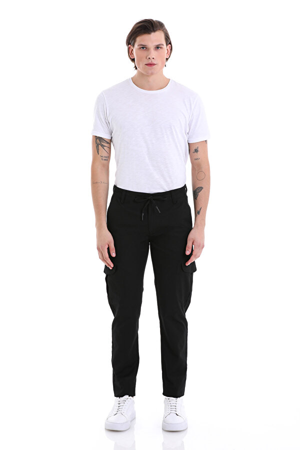 Hatemoğlu Siyah Dinamik Fit Desenli Pamuklu Yandan Cepli Kanvas Pantolon