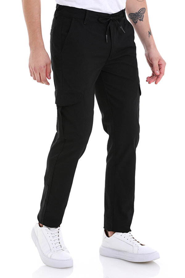 Hatemoğlu Siyah Dinamik Fit Desenli Pamuklu Yandan Cepli Kanvas Pantolon