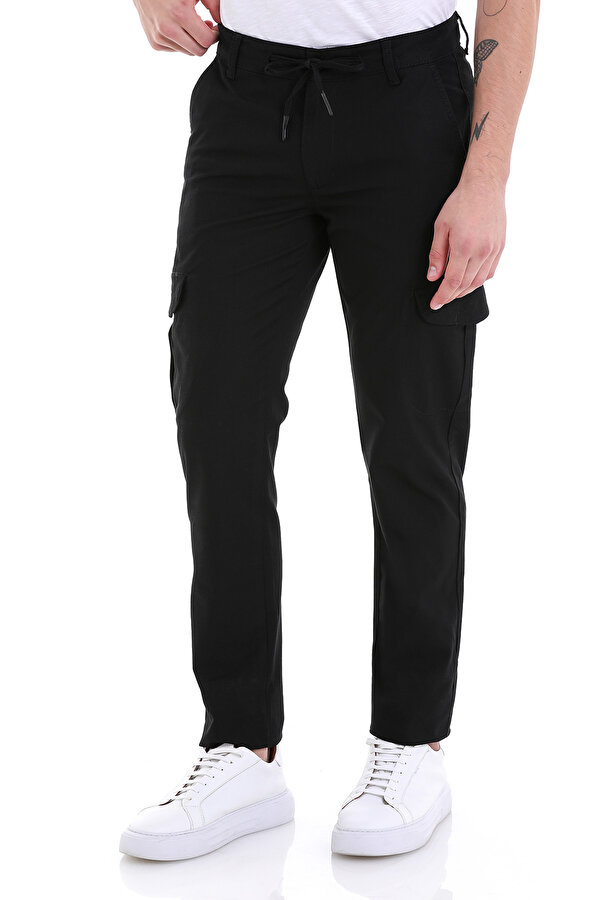 Hatemoğlu Siyah Dinamik Fit Desenli Pamuklu Yandan Cepli Kanvas Pantolon