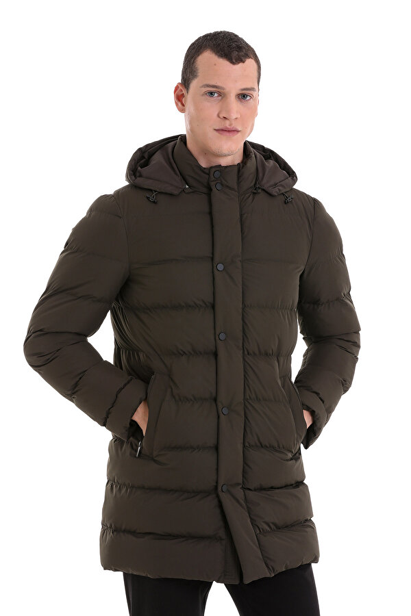 Hatemoğlu Haki Slim Fit Hakim Yaka Kapüşonlu Basic Kaban