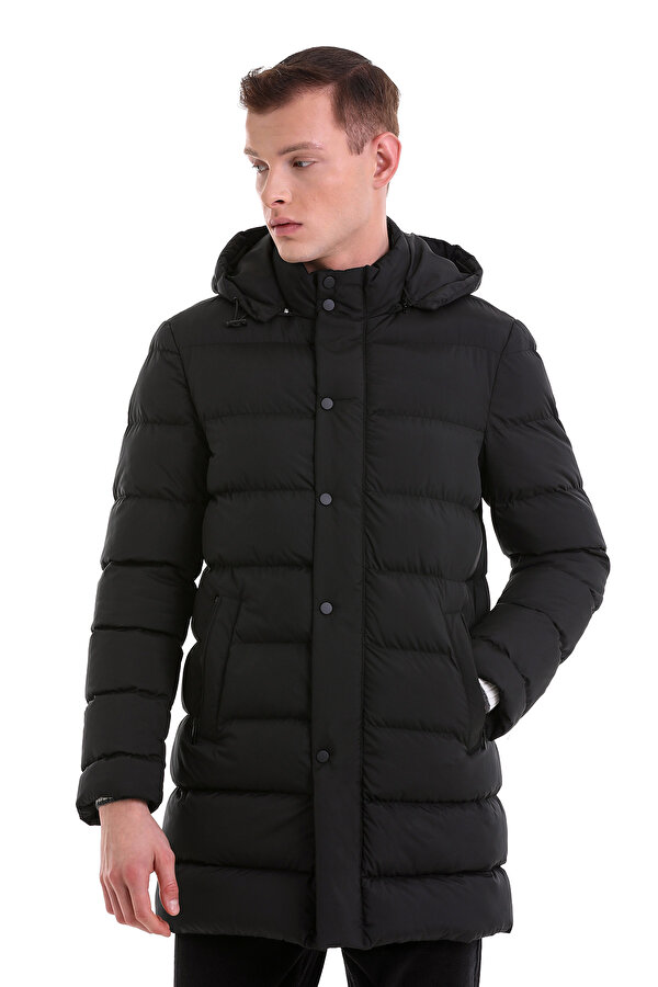 Hatemoğlu Siyah Slim Fit Hakim Yaka Kapüşonlu Basic Kaban