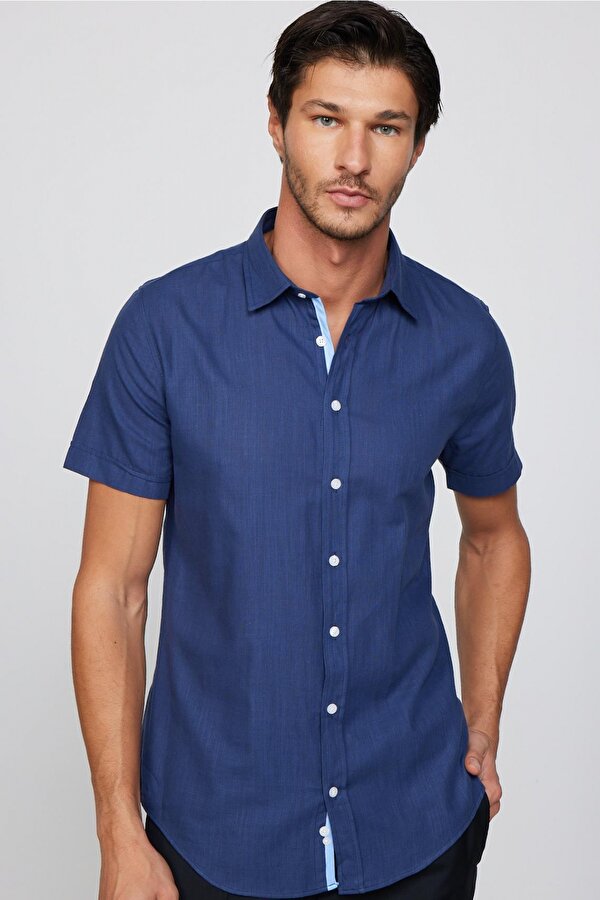 Tudors Slim Fit Kısa Kol Cepli Biyeli Flam Pamuk Lacivert Erkek Gömlek