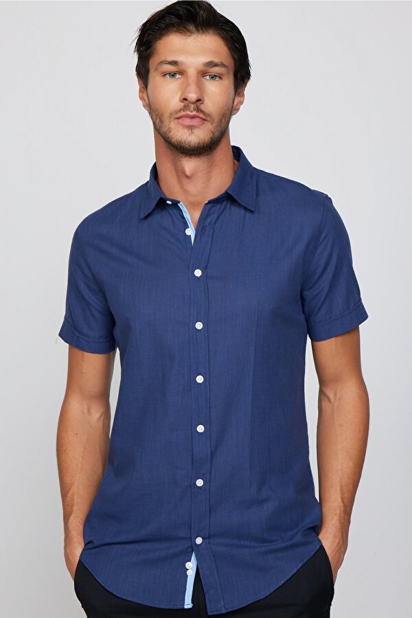 Tudors Slim Fit Kısa Kol Cepli Biyeli Flam Pamuk Lacivert Erkek Gömlek