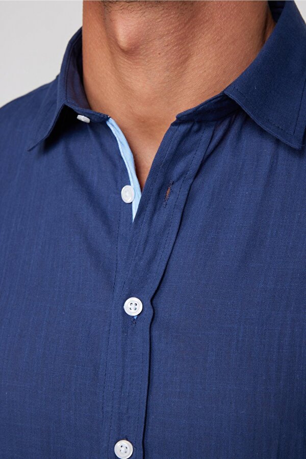 Tudors Slim Fit Kısa Kol Cepli Biyeli Flam Pamuk Lacivert Erkek Gömlek