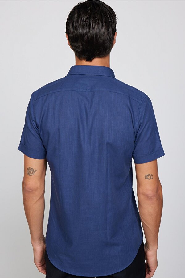 Tudors Slim Fit Kısa Kol Cepli Biyeli Flam Pamuk Lacivert Erkek Gömlek