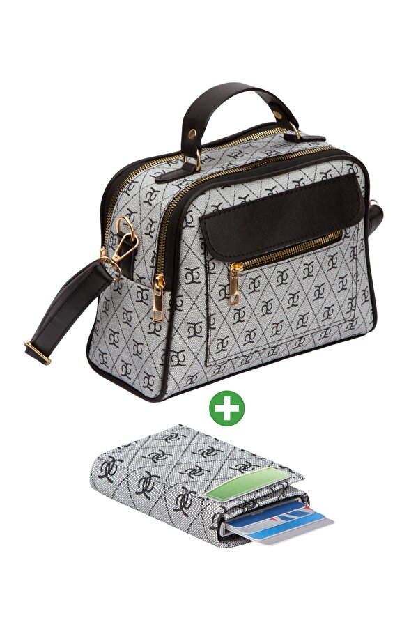 Adelina Bags Kadın Desenli El Ve Omuz Çantası ve Mekanizmalı Cüzdan Seti