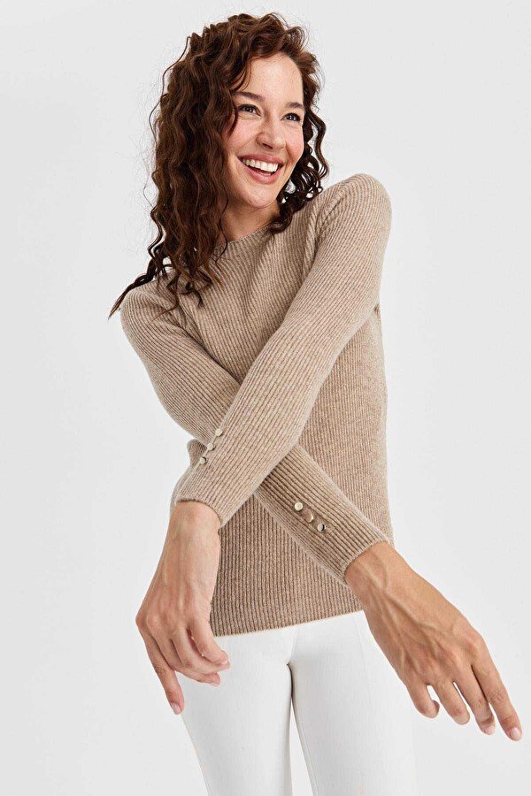 Kadın Sıfır Yaka Kol Ucu Düğmeli Yün Kazak 23158 K. Bej