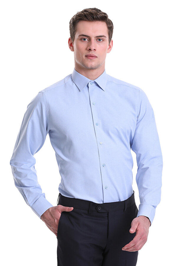 Hatemoğlu Mavi Slim Fit Desenli Pamuklu Slim Yaka Uzun Kollu Klasik Gömlek
