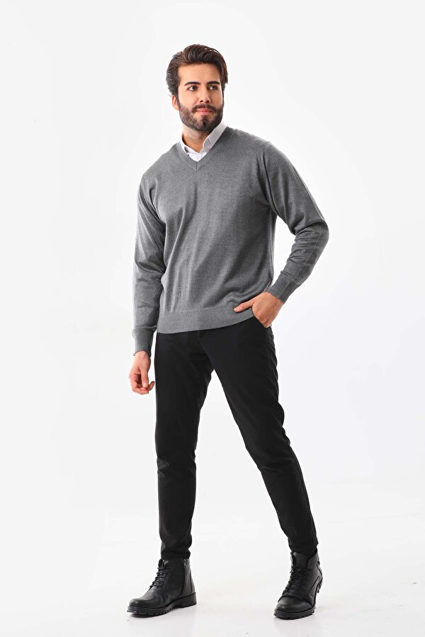 Günay Erkek V Yaka Yün Kazak 5000 Füme