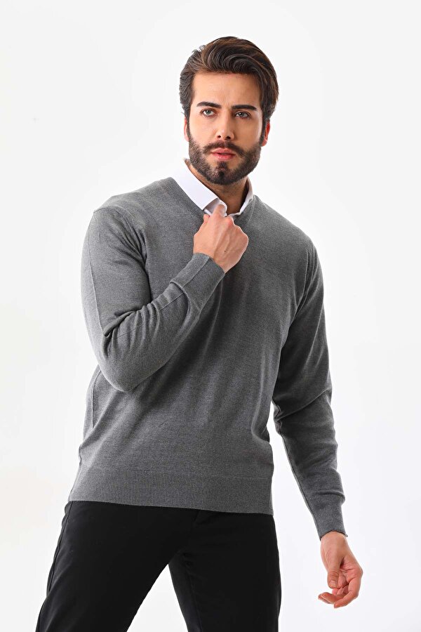 Günay Erkek V Yaka Yün Kazak 5000 Füme