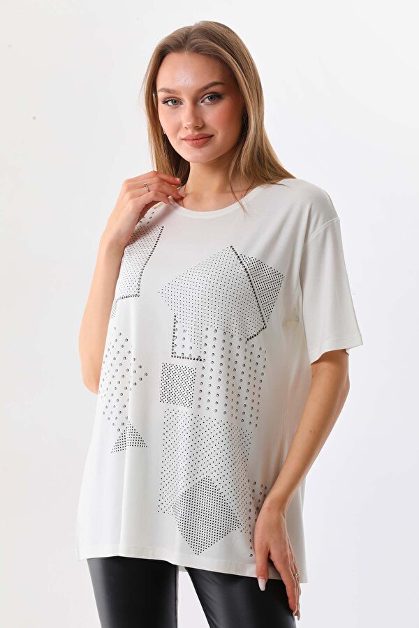 Sistas Kadın Desenli Bisiklet Yaka Kısa Kol Bluz 20405 Ekru