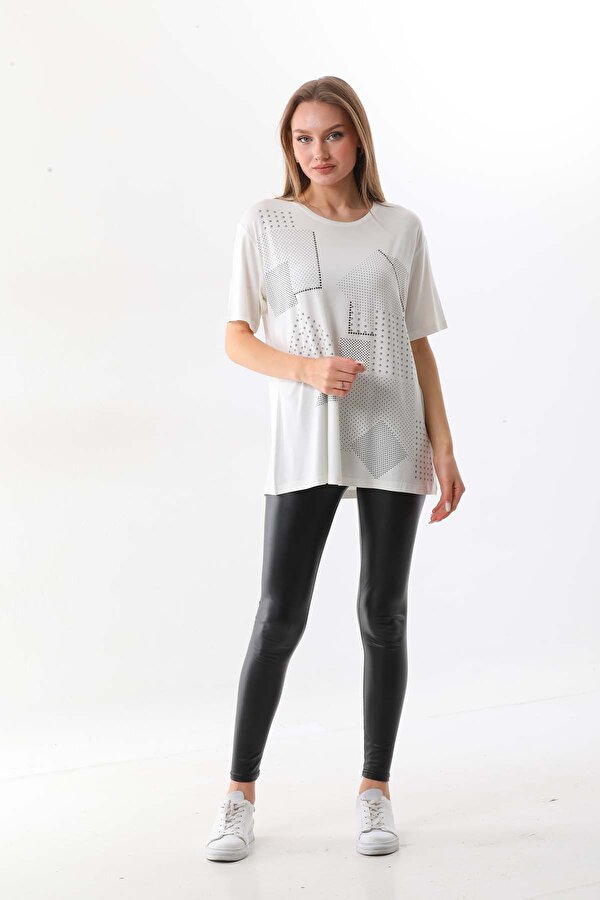 Sistas Kadın Desenli Bisiklet Yaka Kısa Kol Bluz 20405 Ekru