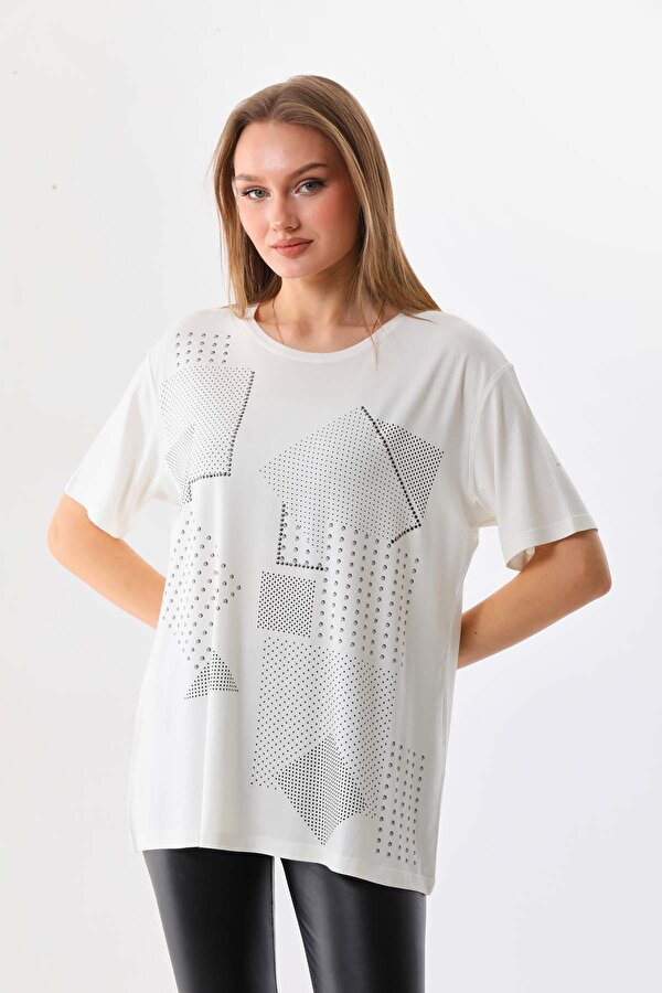 Sistas Kadın Desenli Bisiklet Yaka Kısa Kol Bluz 20405 Ekru