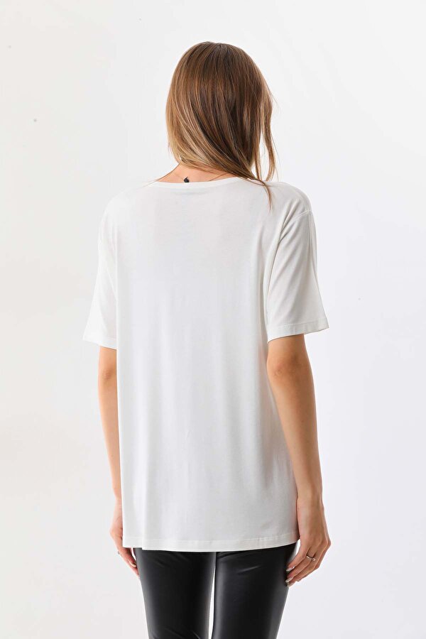 Sistas Kadın Desenli Bisiklet Yaka Kısa Kol Bluz 20405 Ekru