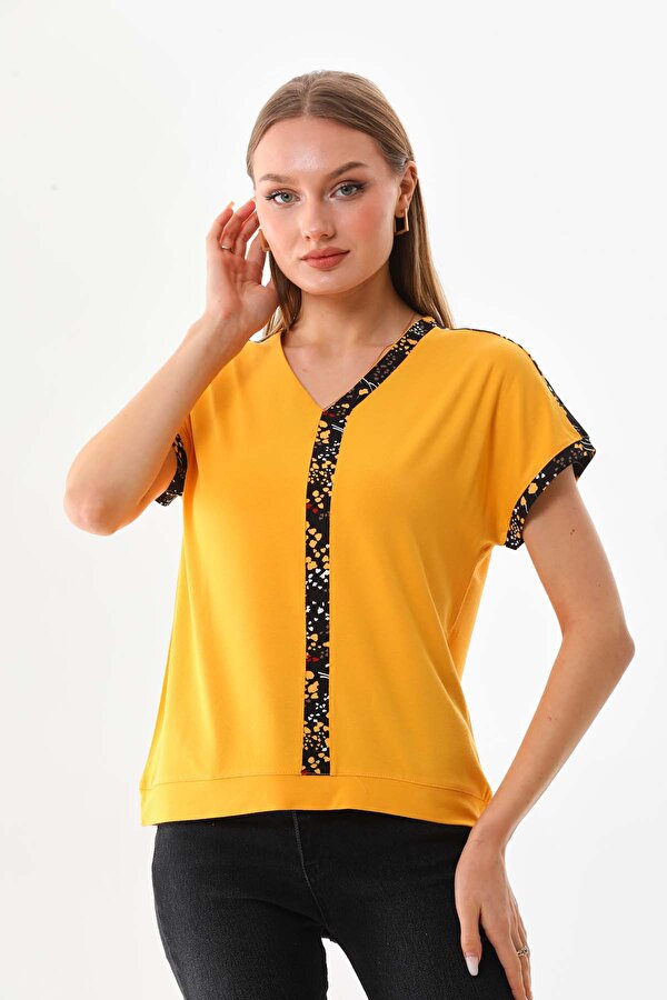 Sistas Kadın Desenli V Yaka Kısa Kol Bluz 23151 Sarı