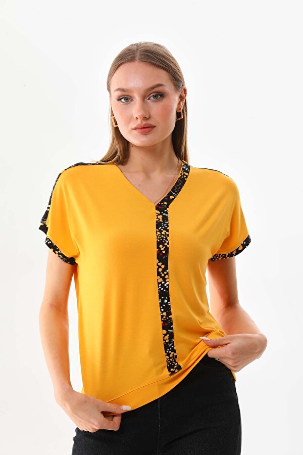 Sistas Kadın Desenli V Yaka Kısa Kol Bluz 23151 Sarı