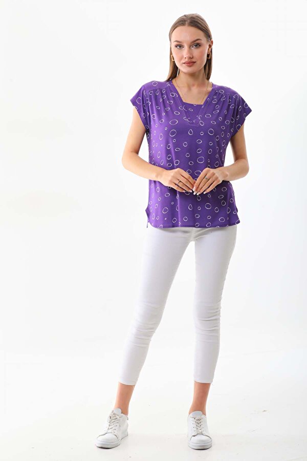 Sistas Kadın Desenli V Yaka Kısa Kol Bluz 23126 Mor