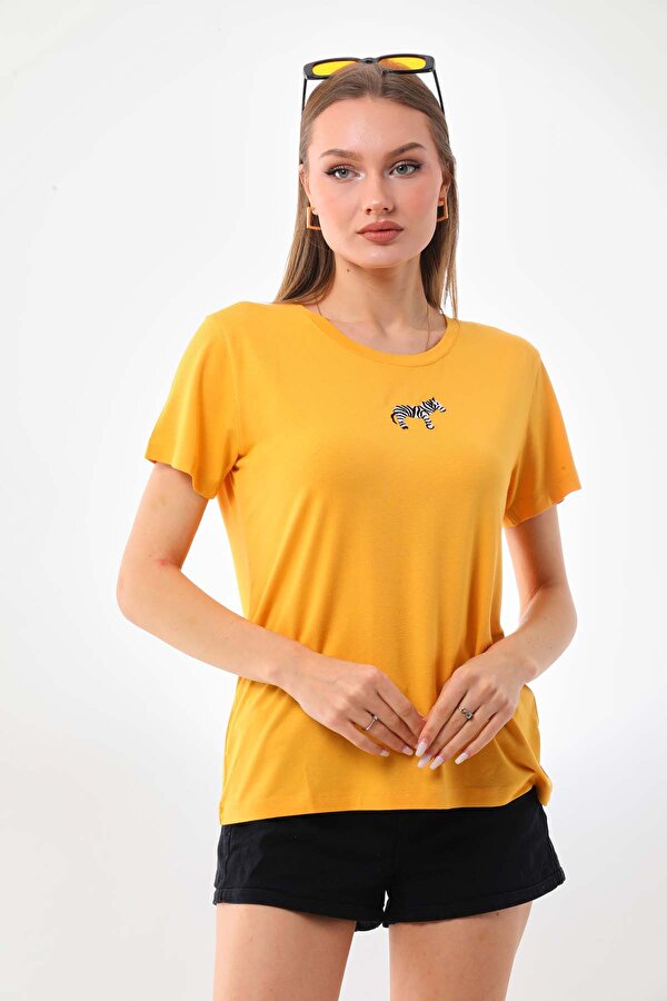 Sistas Kadın Zebra Desenli Kısa Kol Bluz 23118 Sarı