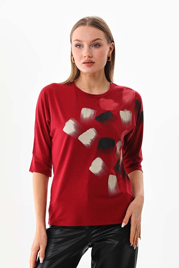 Sistas Kadın Desenli Bisiklet Yaka Bluz 23582 Bordo