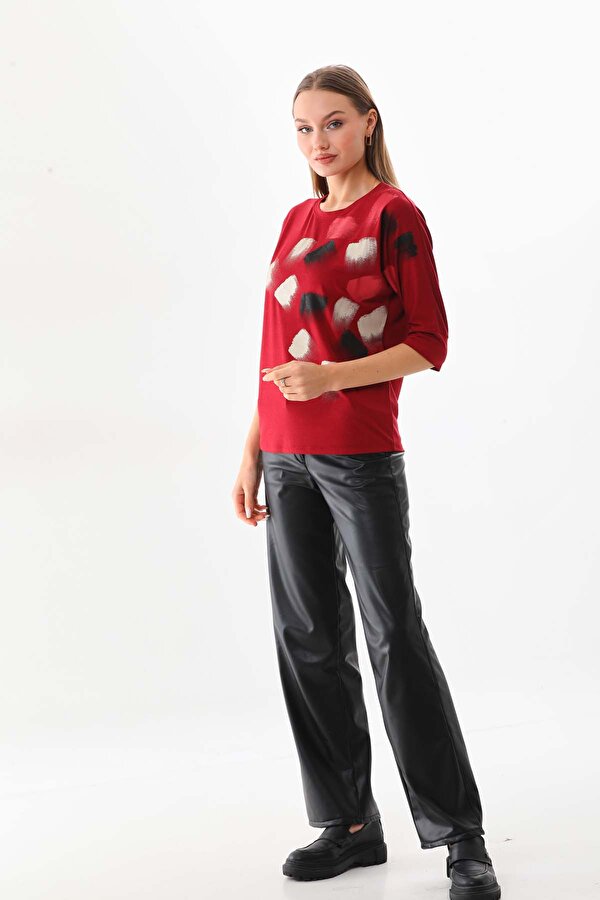 Sistas Kadın Desenli Bisiklet Yaka Bluz 23582 Bordo