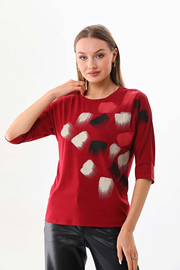 Sistas Kadın Desenli Bisiklet Yaka Bluz 23582 Bordo